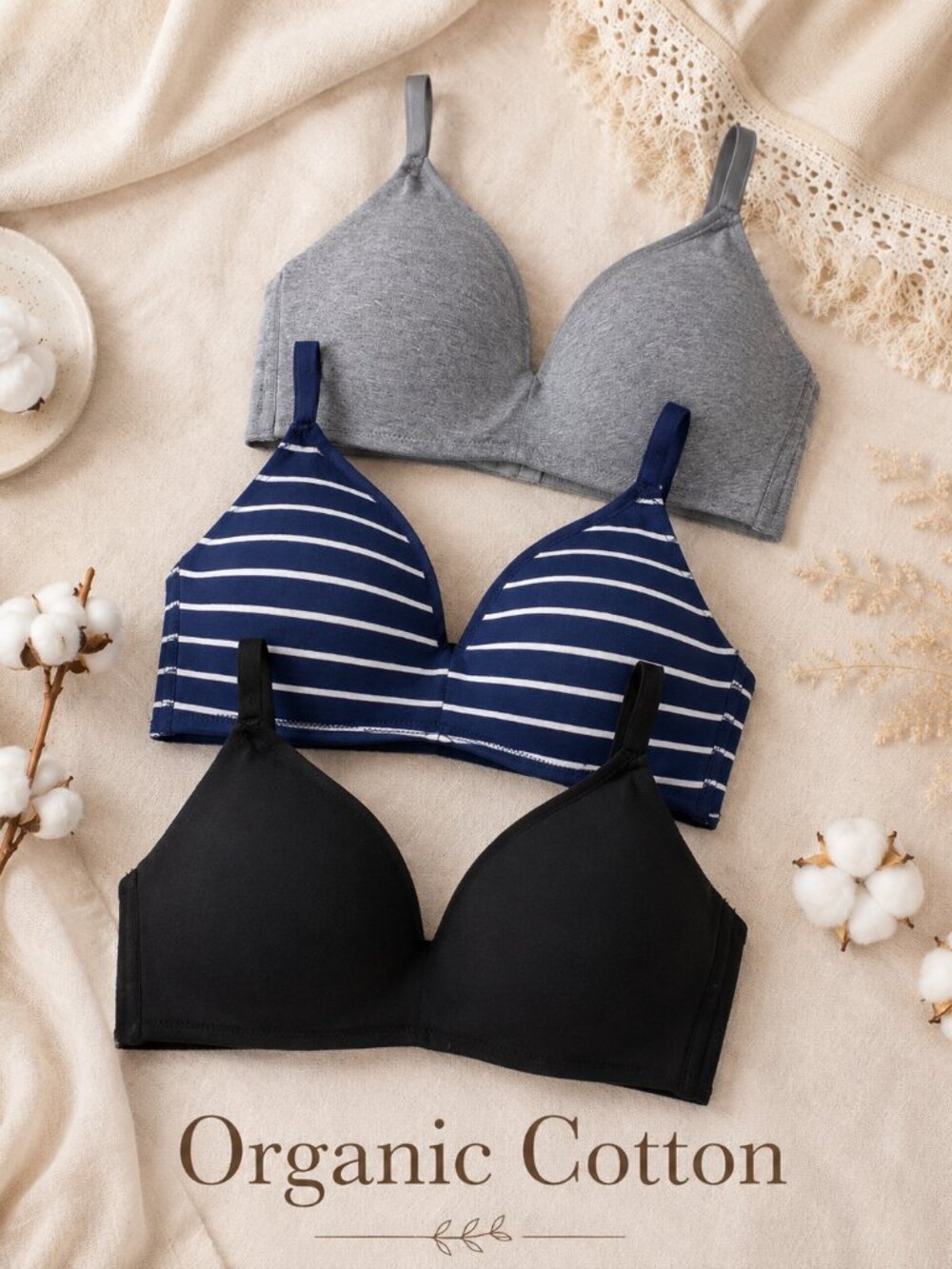3 Pack Real Cotton Organic Wireless Bras 34C Blue Black Gray Comfort Everyday